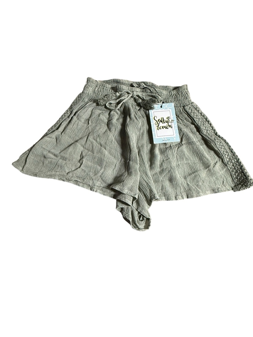 Salty Lemon Olive Green High-Waist‎ Smocked Crochet-Trim Shorts